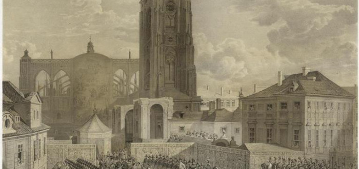 Katedrála svatého Víta předtím, než vznikly dvě vysoké věže v průčelí
