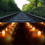 Svíčky kolem kolejí připomínají mrtvé.