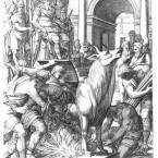 Král Falaris sleduje, jak je do býka uvržen Perillos